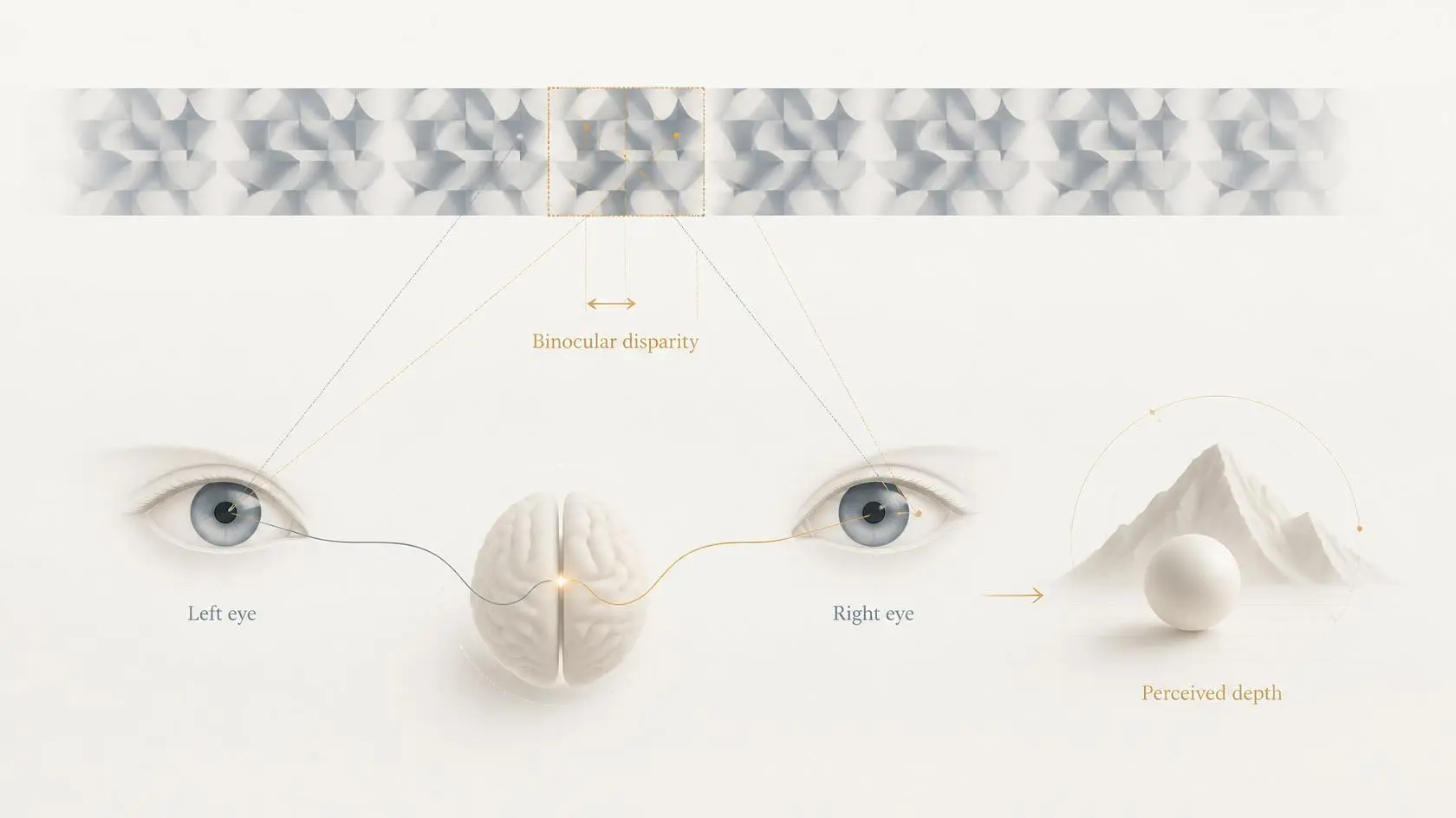 Diagram explaining how binocular disparity lets the left and right eyes perceive depth in an autostereogram