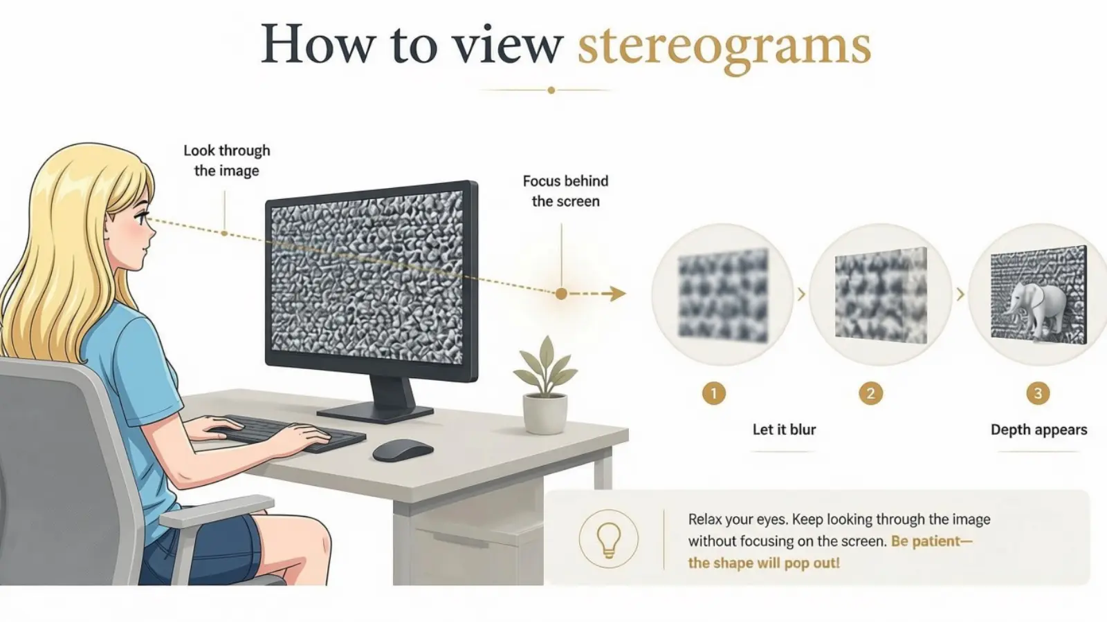 Parallel viewing diagram showing how to focus behind a Magic Eye stereogram to reveal hidden 3D depth